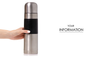 Thermos bottle metal in hand pattern on white background isolation