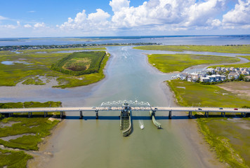 Arial View of the Ben Sawyer Bridge connecting Sullivans Island to Mount Pleasant South Carolina. ...