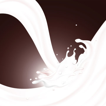 Abstract realistic milk drop with splashes and waves isolated on brown chocolate color background. Vector illustration