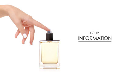 Perfume bottle in hand pattern on white background isolation
