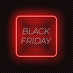 Vector Black Friday Neon Sign, Sale Tag, Glowing  Lines on Dark Transparent Background.