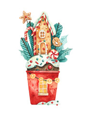 Watercolor Christmas illustration with gingerbread house and fir branches.