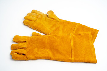 Long leather glove for welding industrial ,fire protection type ,isolated on white background.