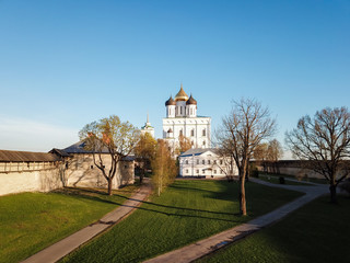Fototapeta na wymiar Kremlin in Pskov, Russia top view from drone