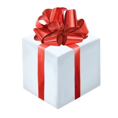 Hand drawn present box with glossy red bow isolated on white background. Realistic holiday illustration.