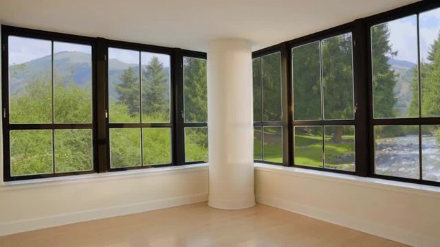 Beautiful view on flowing river in green summer forest from window empty room