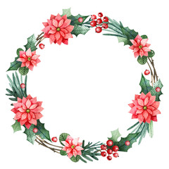 Watercolor Christmas wreath with flowers and berries