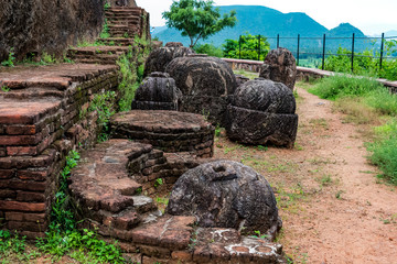 Small finished circle stone with broken house bricks at Buddhist place at Bojjannakonda & Lingalakonda , Sankaram village, Visakhapatnam, India. - 233251394