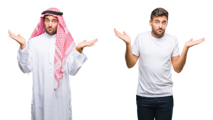 Collage of handsome young man and arab man over isolated background clueless and confused...