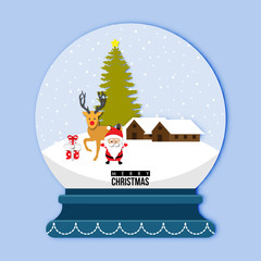 A cute snow globe with Santa claus and reindeer on Snow Background in Christmas Festival and paper art design ,abstract vector