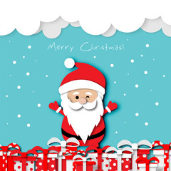 Paper art design Christmas Fastival Card with Santa Claus and Gift box set in the air on blue sky background vector