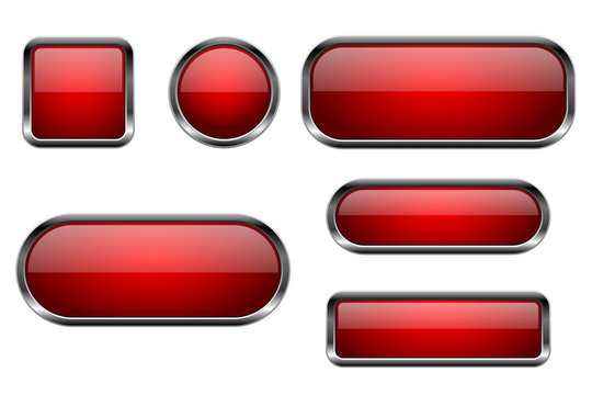 Red buttons set. 3d glass icons with chrome frame
