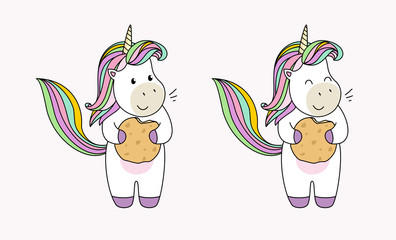 Set of unicorn characters on a white background. Unicorn with cookies. Flat illustrations for design.