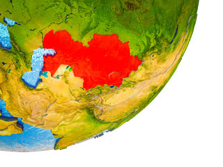 Kazakhstan on 3D model of Earth with water and divided countries.