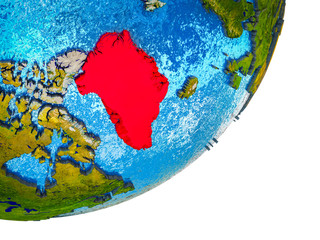 Greenland on 3D model of Earth with water and divided countries.