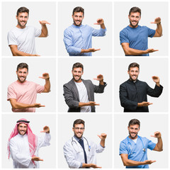 Fototapeta premium Collage of young doctor arab business man isolated background gesturing with hands showing big and large size sign, measure symbol. Smiling looking at the camera. Measuring concept.