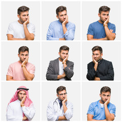 Fototapeta premium Collage of young doctor arab business man isolated background thinking looking tired and bored with depression problems with crossed arms.