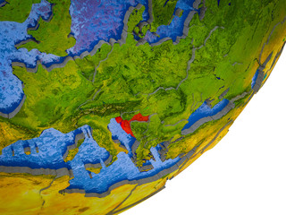 Obraz na płótnie Canvas Croatia on 3D model of Earth with water and divided countries.