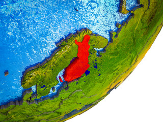 Finland on 3D model of Earth with water and divided countries.