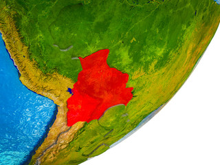 Bolivia on 3D model of Earth with water and divided countries.