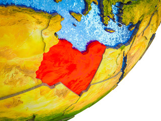 Libya on 3D model of Earth with water and divided countries.