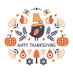 Vector Happy Thanksgiving card with cute bird in Pilgrim hat and pumpkins in Scandinavian style with hand made text greeting - Happy Thanksgiving. Modern folk art card in square format. - 233253722