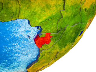 Gabon on 3D model of Earth with water and divided countries.