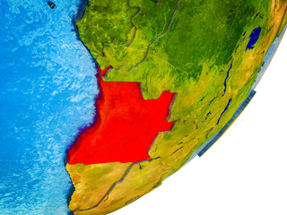 Angola on 3D model of Earth with water and divided countries.