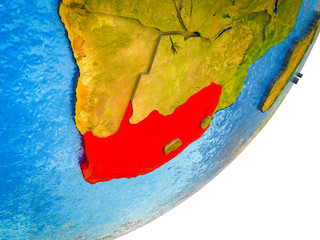 South Africa on 3D model of Earth with water and divided countries.