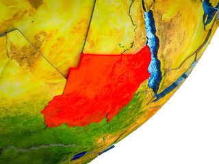Sudan on 3D model of Earth with water and divided countries.