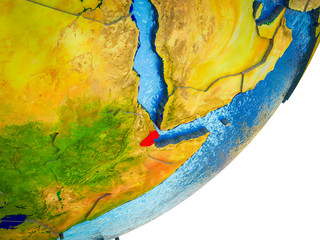 Djibouti on 3D model of Earth with water and divided countries.