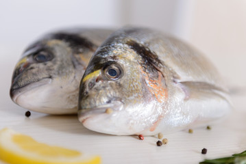 Two fresh dorada fishes with cherry tomatoes, rosemary, lemon and pepper on light wooden background close up