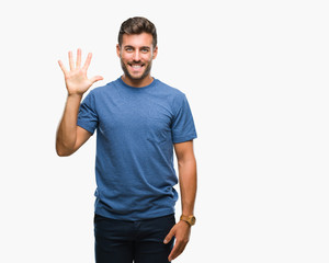 Young handsome man over isolated background showing and pointing up with fingers number five while smiling confident and happy.