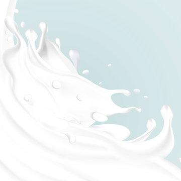 Abstract realistic milk drop with splashes and waves isolated on light blue background. Vector illustration