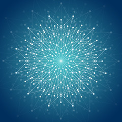 Geometric pattern with connected lines and dots. Vector illustration on blue background