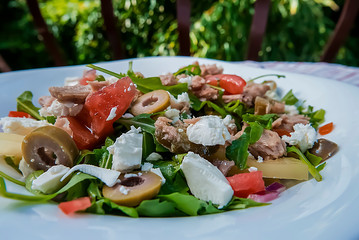 Organic vegetable salad with canned tuna on white plate.