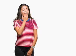 Young beautiful arab woman over isolated background bored yawning tired covering mouth with hand. Restless and sleepiness.