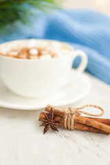 Cup of hot coffee with spices anise and cinnamon. Winter background