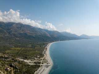 Aerial view of Qeparo beach in Albanian Riviera in autumn