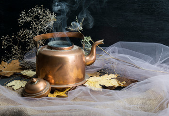 Copper kettle with herbal autumn tea in vintage scenery