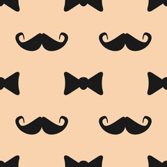 Repeated silhouettes of mustaches and bow ties. Simple seamless pattern for men. Endless male print.