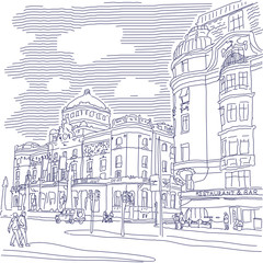 Stockholm. Royal Dramatic Theater. Sketch. Old town view. Vector line style illustration. Suitable for packaging.