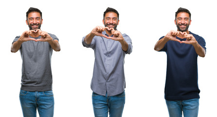 Collage of handsome young indian man over isolated background smiling in love showing heart symbol and shape with hands. Romantic concept.