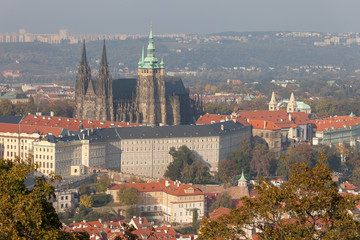 PRAGUE, CZECH REPUBLIC - OCTOBER 09, 2018: View of St. Vitus Cathedral and Prague Castle from the Petrin Tower.