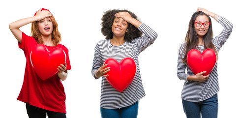 Collage of young women holding red heart over isolated background stressed with hand on head, shocked with shame and surprise face, angry and frustrated. Fear and upset for mistake.
