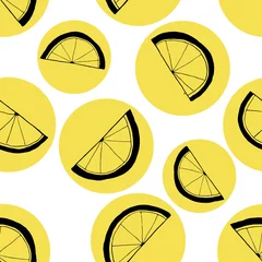 Papier Peint photo autocollant Citrons Modèle sans couture de tranches de citrons. Dessin linéaire noir sur cercles jaunes.