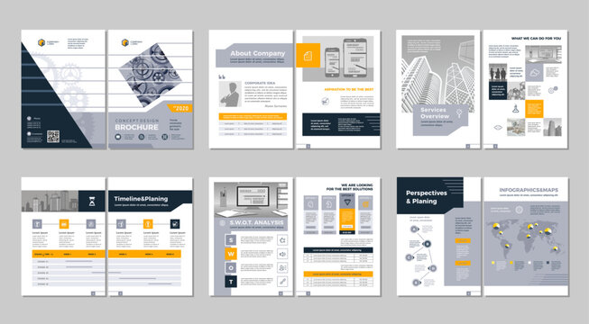 Brochure creative design. Multipurpose template with cover, back and inside pages. Trendy minimalist flat geometric design. Vertical a4 format.