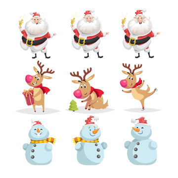 Cute cartoon Christmas characters set. Different poses and situations of Santa Claus, reindeer and snowman. Cheerful mascots. Vector illustrations isolated on white background.