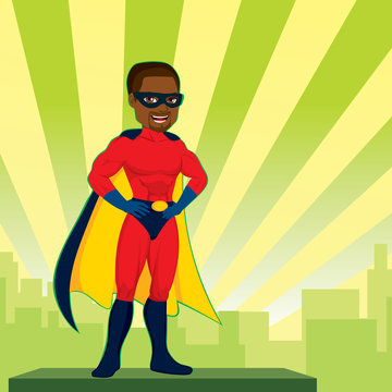 Illustration of powerful African American strong man hands on hips pose  with superhero red costume watching city skyline Stock Vector