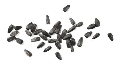 Sunflower seeds pile isolated on white background, top view